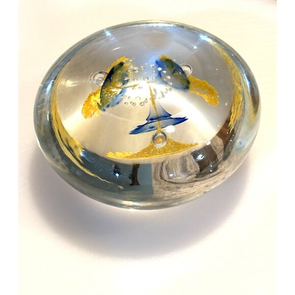 Crystal Glass Paperweight Konst Glashyttan Urshult Sweden Style Blue Yellow - Picture 5 of 6